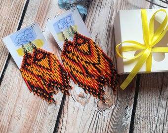 Boho Fringe Seed Bead Earrings: Orange, Red & Black Statement Jewelry