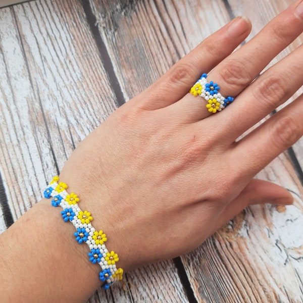 Beaded bracelet, daisy bracelet, blue-yellow bracelet, Ukraine flag bracelet, set of bracelet and beaded ring, support for ukraine
