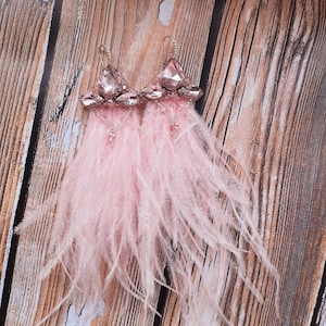 Pink Ostrich Feather Earrings: Boho Crystal Statement Jewelry
