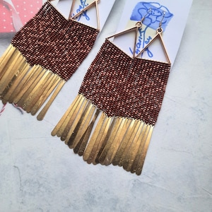 Handmade beaded earrings, brown and bronze seed earrings, metal elements, boho style earrings, ukraine, fringe earrings, personalized gifts image 1