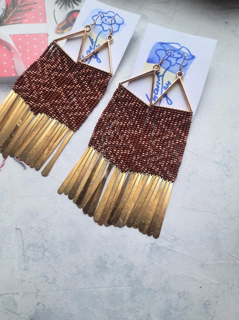 Handmade beaded earrings, brown and bronze seed earrings, metal elements, boho style earrings, ukraine, fringe earrings, personalized gifts zdjęcie 1