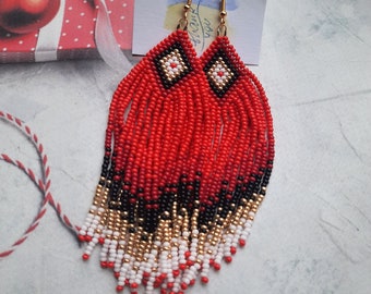 handmade earrings, red black gold long earrings, fringe earrings, Clip on earrings or ear hooks, seed beaded earrings, personalized orders