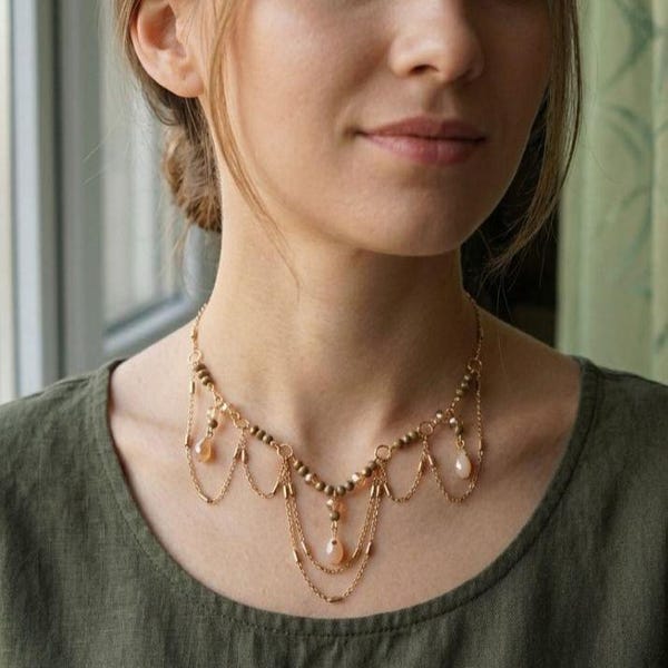 Dark olive Gold Statement Necklace, Layered Chain Beaded Necklace, Elegant Handmade Jewelry