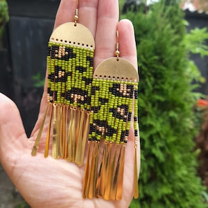 Boho Leopard Beaded Earrings, Green Gold Fringe Jewelry | Handmade Long Dangle Earrings