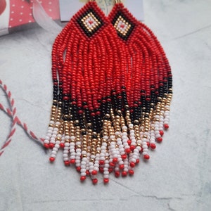 handmade earrings, red black gold long earrings, fringe earrings, Clip on earrings or ear hooks, seed beaded earrings, personalized orders zdjęcie 2