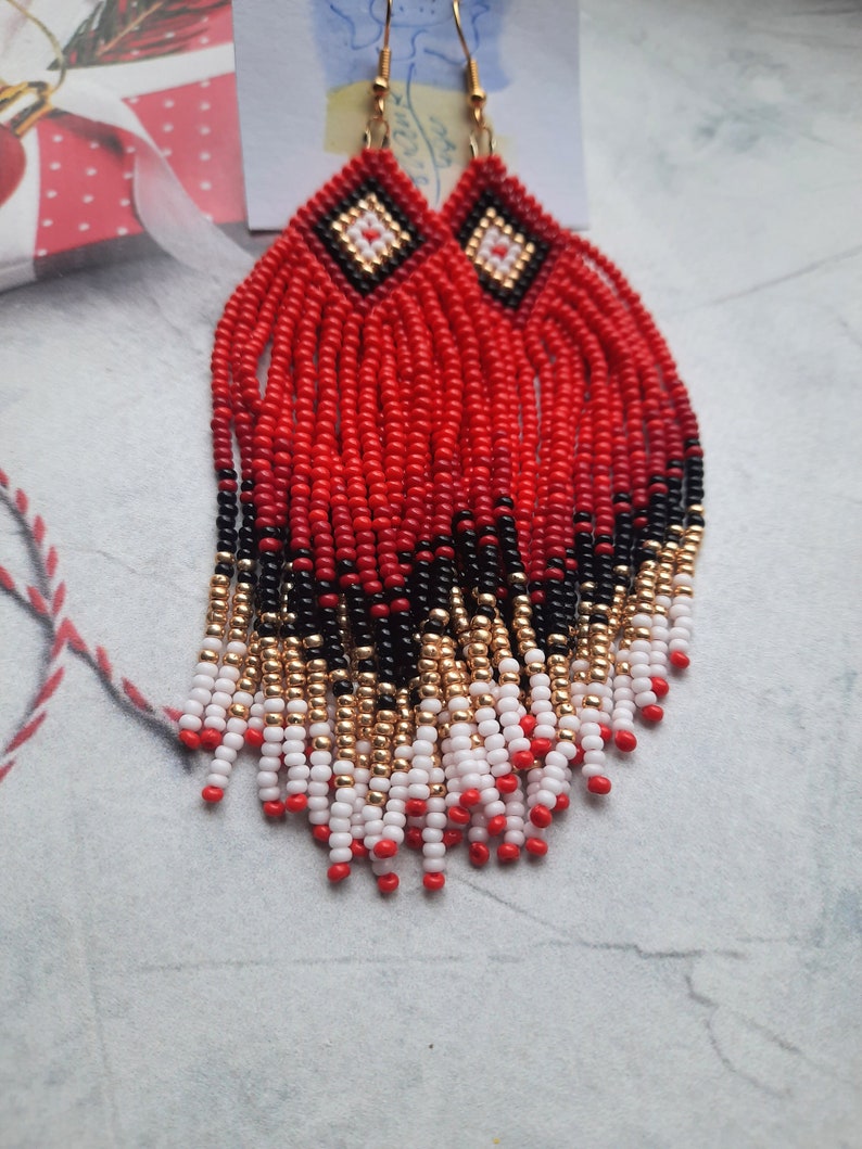 handmade earrings, red black gold long earrings, fringe earrings, Clip on earrings or ear hooks, seed beaded earrings, personalized orders zdjęcie 2