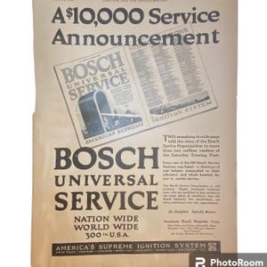Puede incluir: Anuncio publicitario vintage de Bosch Universal Service, con el texto "Un anuncio de servicio de 9.200 €." El anuncio incluye el logotipo de Bosch y menciona "Nation Wide World Wide 300 in U.S.A." y "America's Supreme Ignition System."
