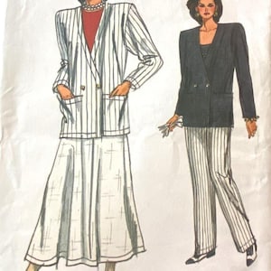May include: Illustration of two outfits: a white and black striped blazer and skirt, and a black blazer with white and black striped pants. Both outfits have a double-breasted design. The skirt is a midi length.