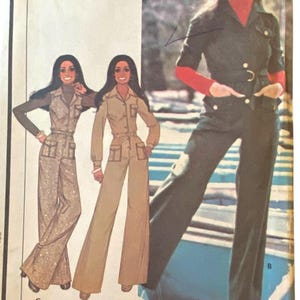 May include: Vintage sewing pattern featuring three jumpsuits. The jumpsuits are in shades of tan, brown, and olive green. The jumpsuits have long sleeves, pockets, and wide-leg pants. The models are smiling and posing, showcasing the retro fashion.