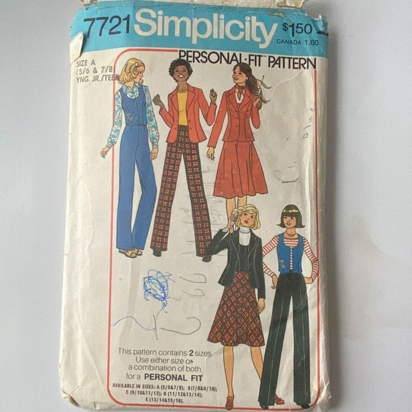 Simplicity 7721 Sewing Pattern 1976 Size 8 Bust 29 Vintage Teen Girl Vest Skirt