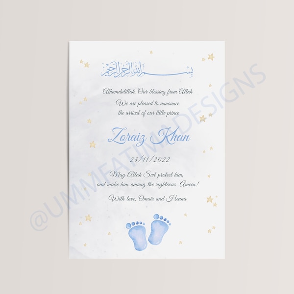 Muslim Baby Birth Announcement Record Print Islamic Art Print Instant Download | Light Blue Baby Feet Theme |