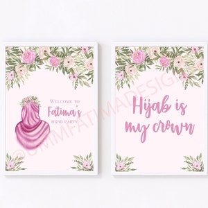 Hijab Party Poster Set | Personalised Hijab print | Fuschia Pink Theme | Digital Download | Hijab with flower crown| Hijab Party Decor