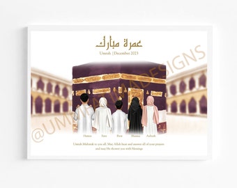 Digitaal gezichtsloos islamitisch Umrah-portret | Islamitische illustratie | Gepersonaliseerde foto | Moslim familieportret | Elegante Umrah Mubarak-cadeau