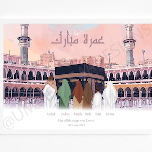 Digital Faceless Islamic Umrah Portrait | Islamic illustration | Personalised photo | Muslim Family portrait | Elegant Umrah Mubarak Gift