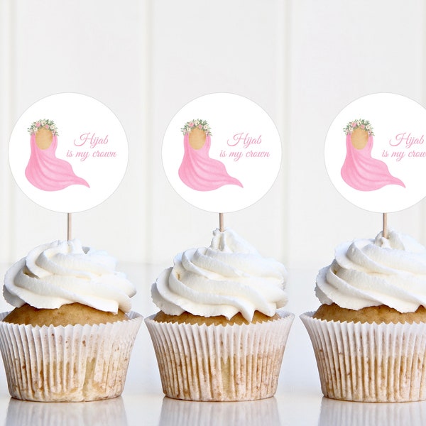 Hijab Party Cupcake Topper | Digital Download | Watercolour Illustration | Hijab with flower crown| Hijab Party Decor