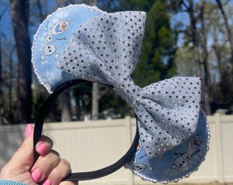 Olaf Frozen Minnie Ears with Silver Bow Headband Accessory with Optional Bag Charm