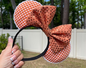 Orange Gingham Minnie Ears with Sequin Bow Headband Accessory