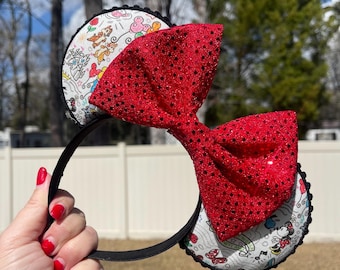 Designer Character Print Mickey Ears with Red Sequin Bow and Bag Charm