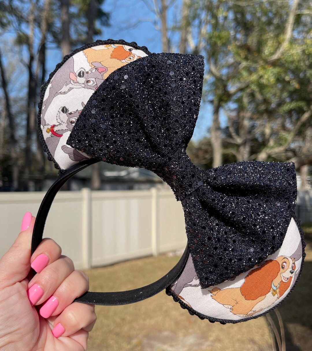Lady and Tramp Minnie Ears, Black Sequin Bow Headband 