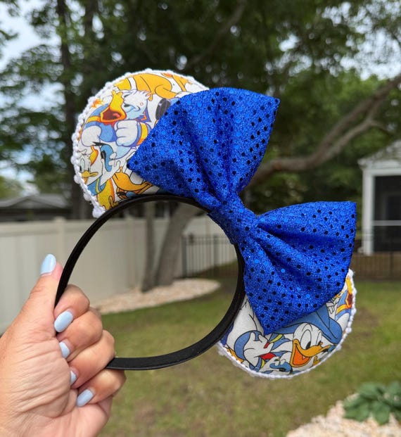 Handmade Donald Duck Minnie Ears with Blue Sequin Bow – Headband Accessory