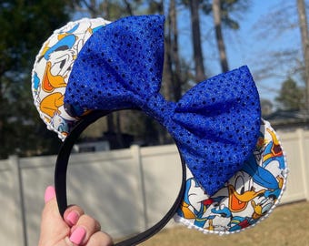 Handmade Donald Duck Minnie Ears with Blue Sequin Bow – Headband Accessory