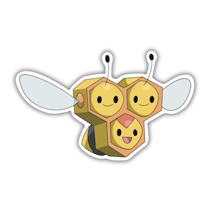 May include: A cartoon sticker of a bee with a honeycomb-shaped body. The bee has a yellow and brown body, black antennae, and two transparent wings. The bee has three smiling faces.