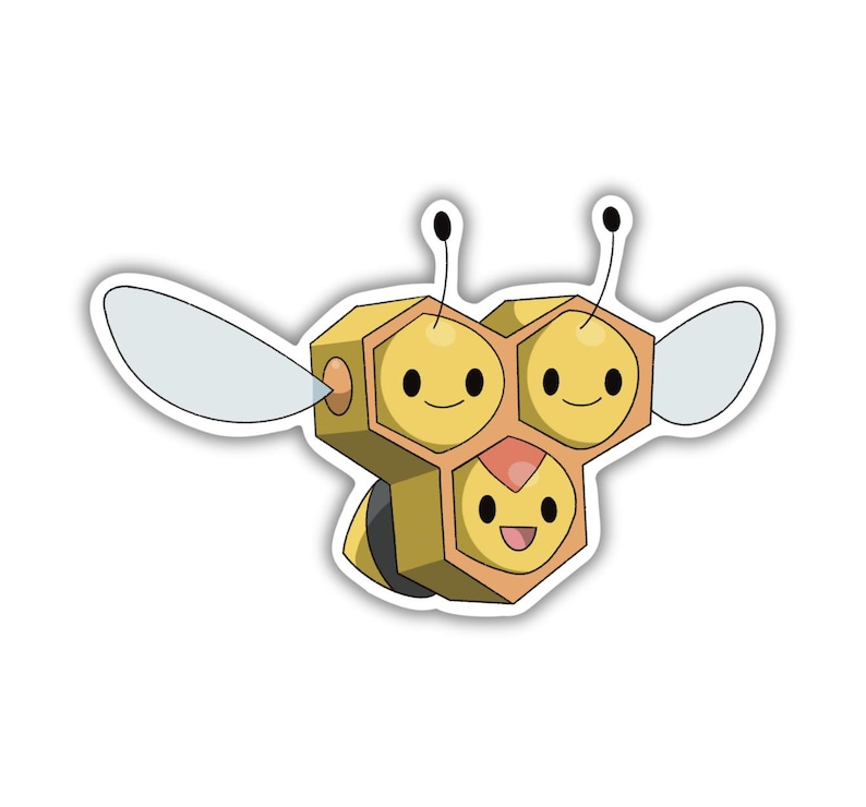 Peut inclure: Autocollant de dessin anim&eacute; d'une abeille avec un corps en forme de nid d'abeille. L'abeille a un corps jaune et marron, des antennes noires et deux ailes transparentes. L'abeille a trois visages souriants.