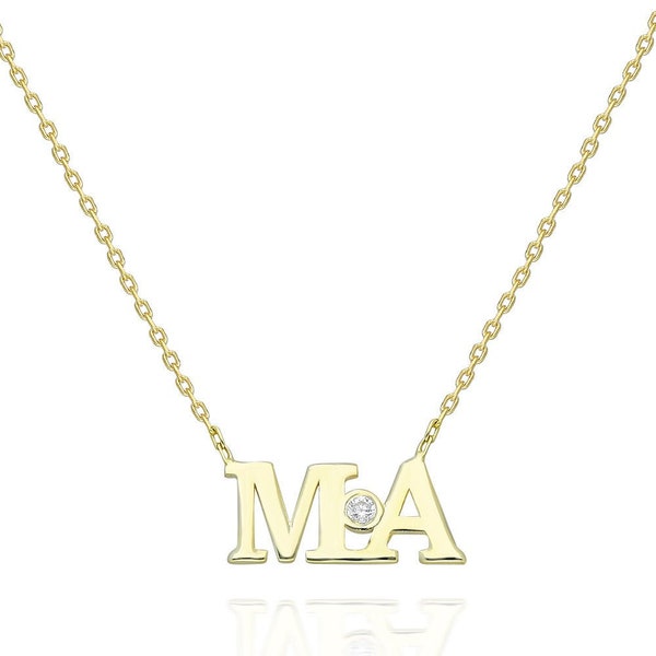 Diamond Initial Necklace / 14k Gold Bezel Diamond Initial Necklace / Birthday Gift / Graduation Gift / Bridal Gift / Anniversary Gift