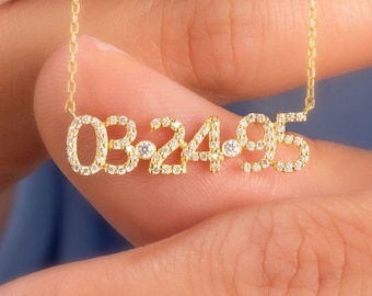 Diamond Date Necklace / 14k Gold and Diamond Date Necklace / Diamond Coordiante Necklace / Diamond Birthdate necklace