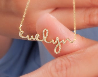 Diamond Name Necklace / 14k Personalized Dainty Script Name Necklace / Personalized Diamond Letter Necklace / Lowercase Name Necklace