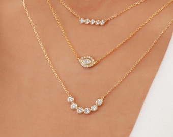 Bezel Curved Diamond Bar Necklace, 14k Gold Layering Bar Necklace, Gift for Her