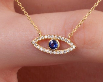 Diamond Evil Eye Necklace / 14k Gold  Diamond and Gemstone Evil Eye Protection Necklace / Dainty Evil Eye Necklace