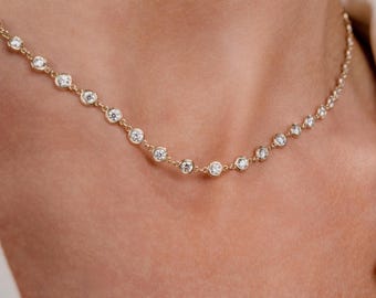 Diamond By the Yard Necklace / 14k Gold Bezel Set Station Necklace / Dainty Minimalistic Diamond Necklace / Layering Necklace