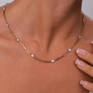 1.8 CT Diamond Station Necklace: 14k Gold Paperclip Chain