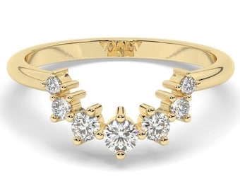 14k Gold  Curved Diamond Wedding Band / Round Diamond Stacking Ring / Engagement Anniversary Rings / Gift for Her / Matching ring set