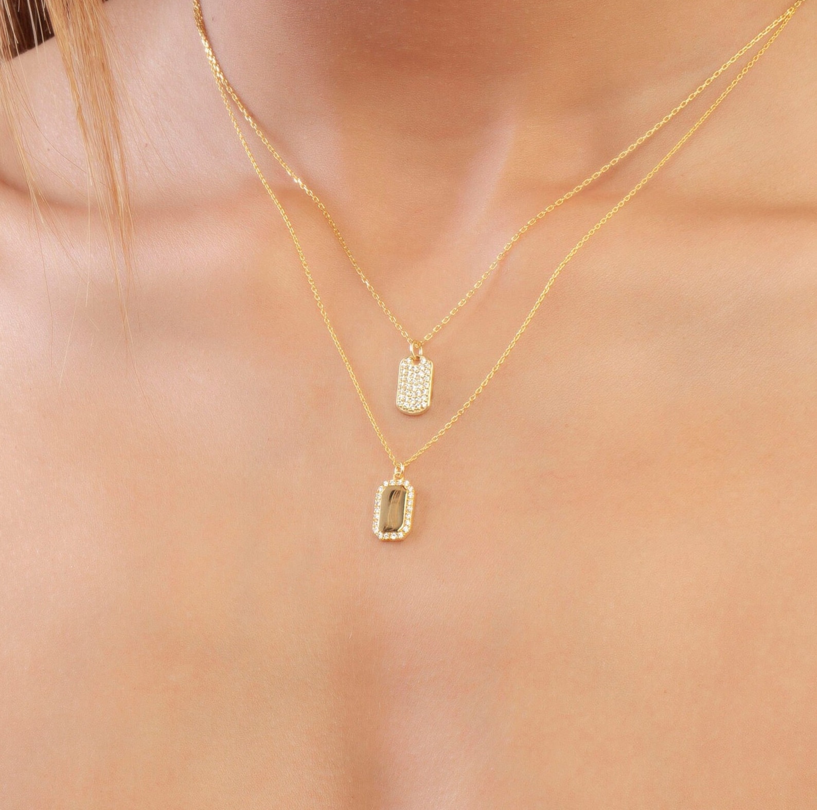 Diamond Dog Tag Necklace / 14k Gold or Silver Diamond Dog Tag Etsy