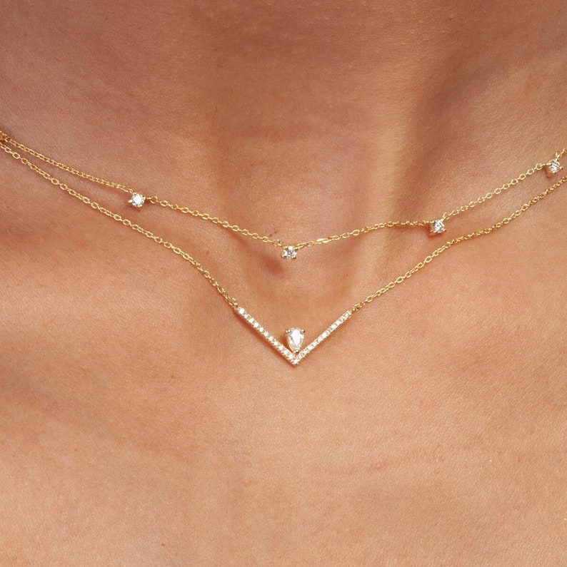 Diamond Chevron Necklace / 14k Gold Diamond V Necklace / Pear Etsy