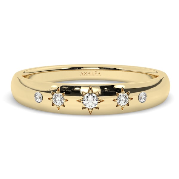 14k Gold Engraved Star Diamond Wedding Ring / 10k 18k Celestial Stacking Ring / Star Wedding Band / Starburst Anniversary Gift for Her