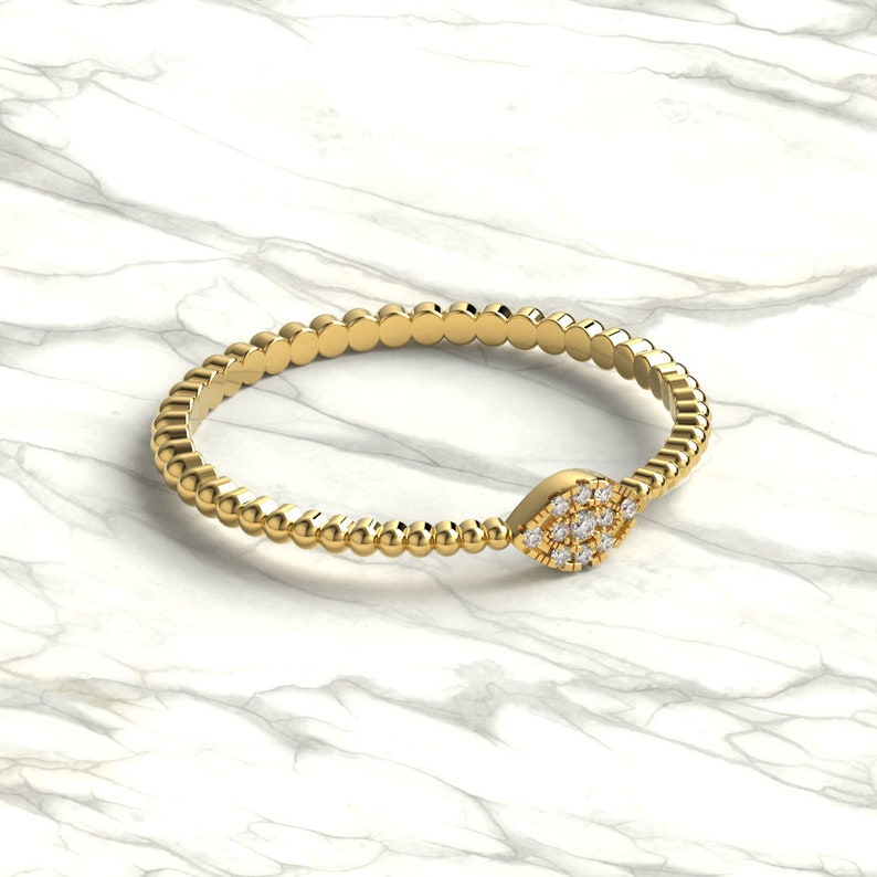 Diamond Evil Eye Stacking Ring 14k Gold Diamond Evil Eye Ring w Beaded Band Design Protection Ring Birthday Gift Evil Eye Gift Idea