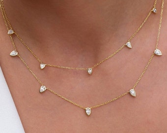 Diamond Tear Drop Station Necklace / 14k Gold Pear Diamond Station Necklace / Dainty Diamond Necklace / Layering Necklace