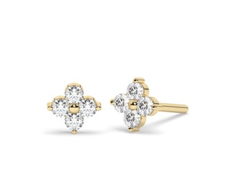 Diamond Flower Studs / 14k Gold and Diamond Clover Stud Earrings / Diamond Studs Earrings / Dainty Diamond Studs / Birthday Gift