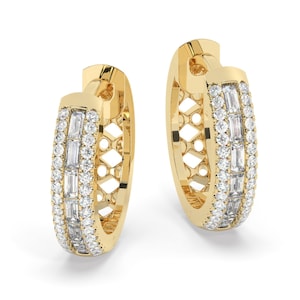 14k Gold Baguette Double Row Diamond Small Hoops / Huggie Earrings/ Anniversary Birthday Bridal Wedding Gift for her/ Classic dainty earring