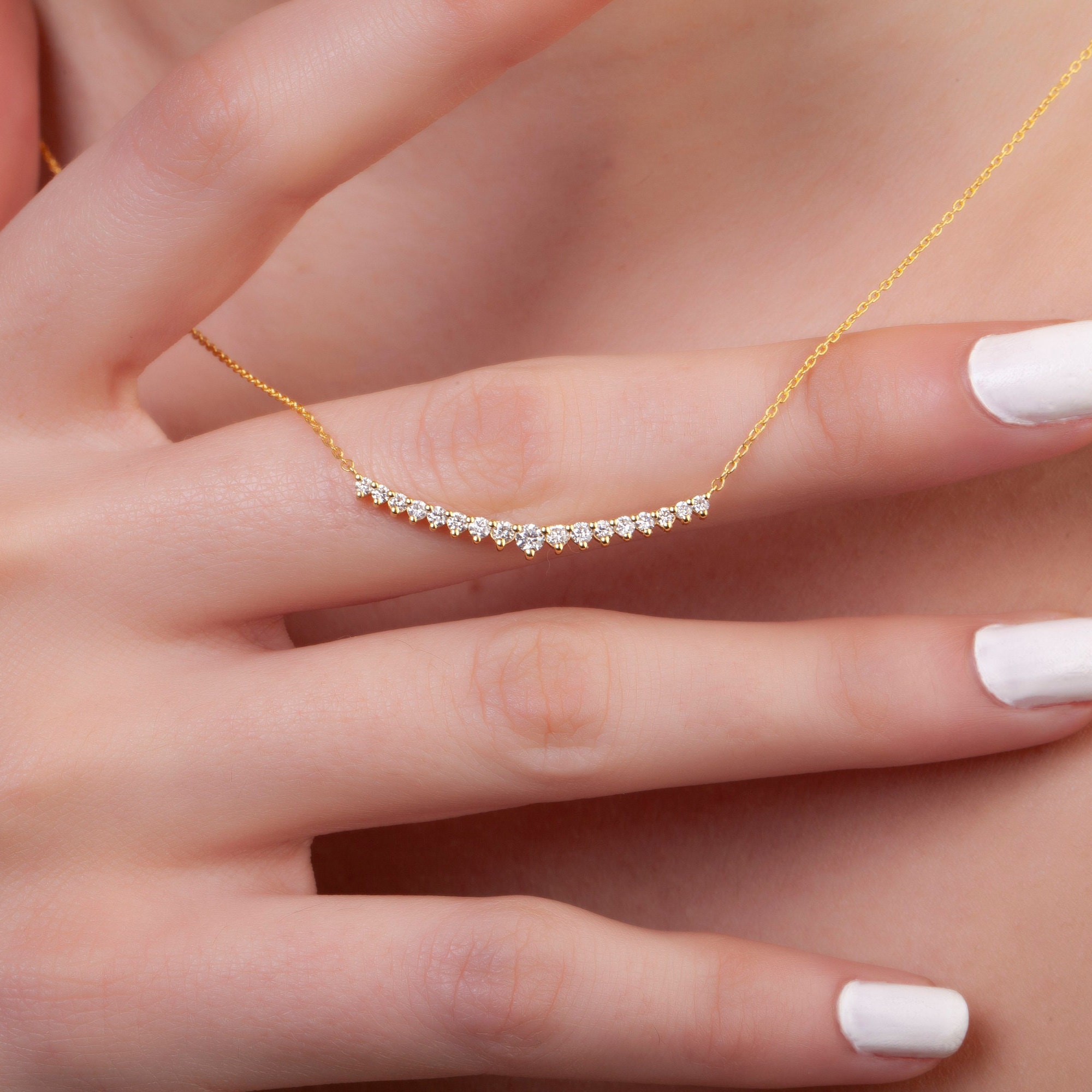 Diamond Bar Necklace / 14k Gold Diamond Curved Bar Necklace / Etsy