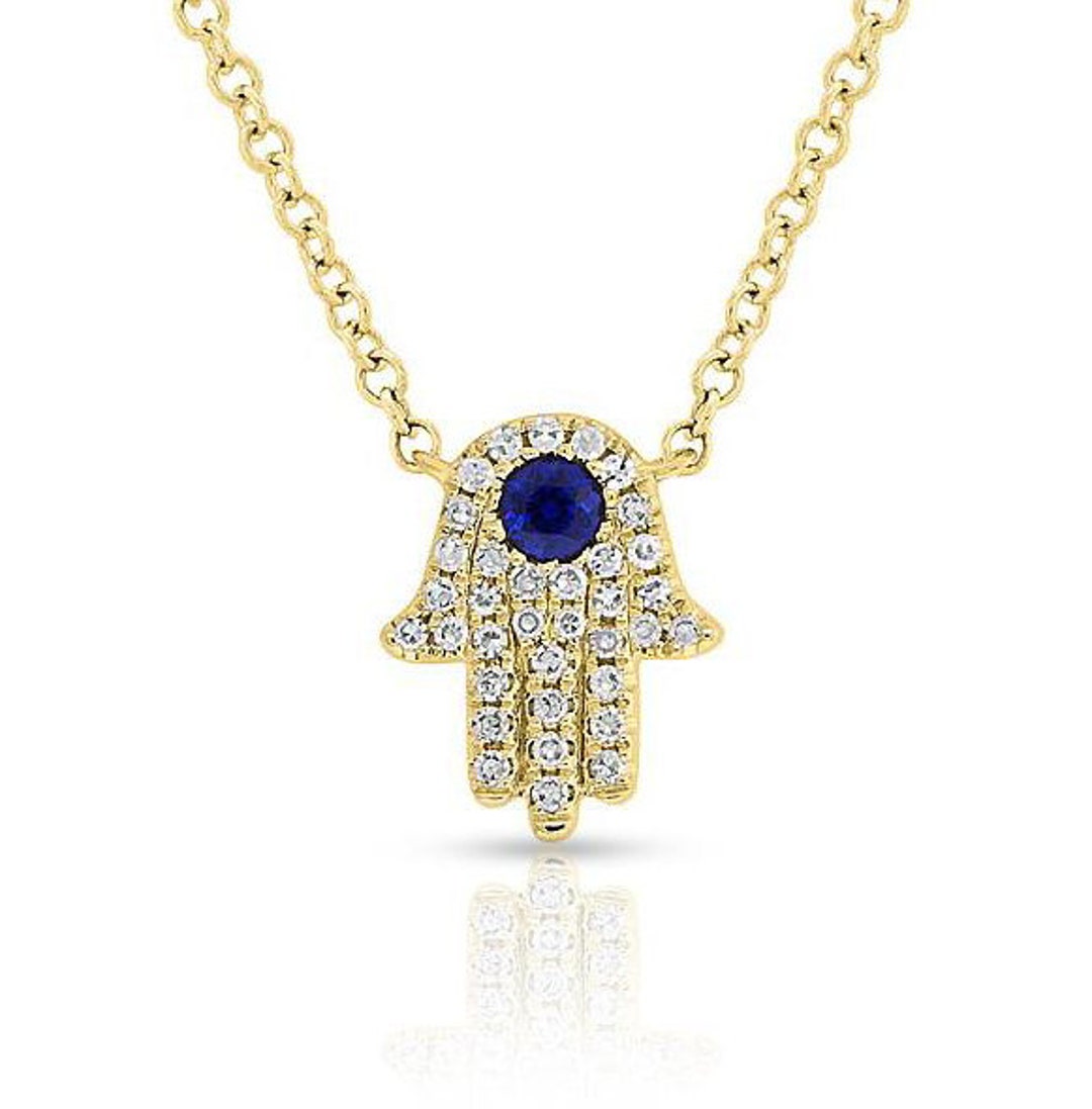 Diamond Hamsa Necklace / 14k Gold or Silver Blue Sapphire and Diamond