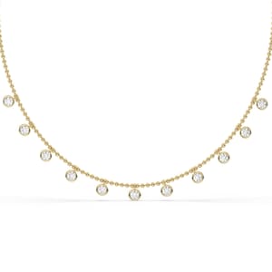 14k Gold Diamond Station Necklace: Bezel Set Ball Chain