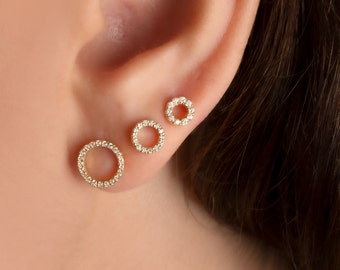 Diamond Circle Studs / 14k Gold Diamond Circle Earrings / Halo Open Circle Studs / Diamond Gift Ideas / Holiday Gift