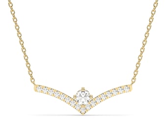Solitaire Diamond Chevron Necklace / 14k Curved Bar Necklace / Diamond Statement Necklace / Gift for her / Dainty Diamond Necklace