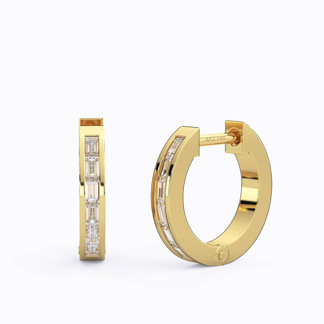 Diamond Hoop Earrings / 14k Gold Baguette Diamond Hoop Earrings /Diamond Huggie Earrings/ Gift