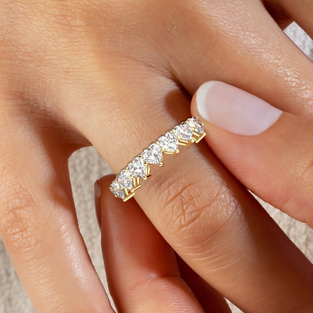 Heart Shape Diamond Wedding Band / 2 CT Gold Heart Diamond Wedding Ring / 7 Diamond Wedding Band