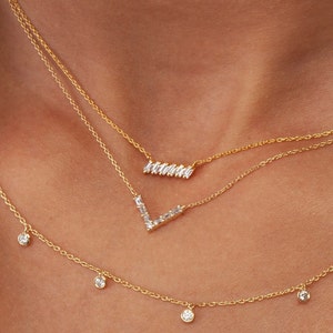 Tilted Baguette Bar Necklace / 14k Gold Baguette Diamond Bar Necklace / Tilted Baguette Diamond Necklace / Dainty Diamond Necklace